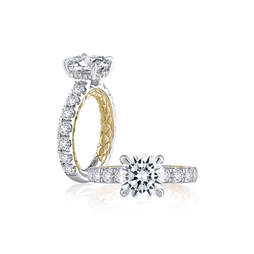 Two hidden halo diamond rings with smaller stones along a two-toned yellow and white gold band.