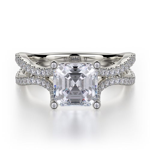 A white gold split-shank diamond ring with an asscher-cut center stone and two pavé bands.