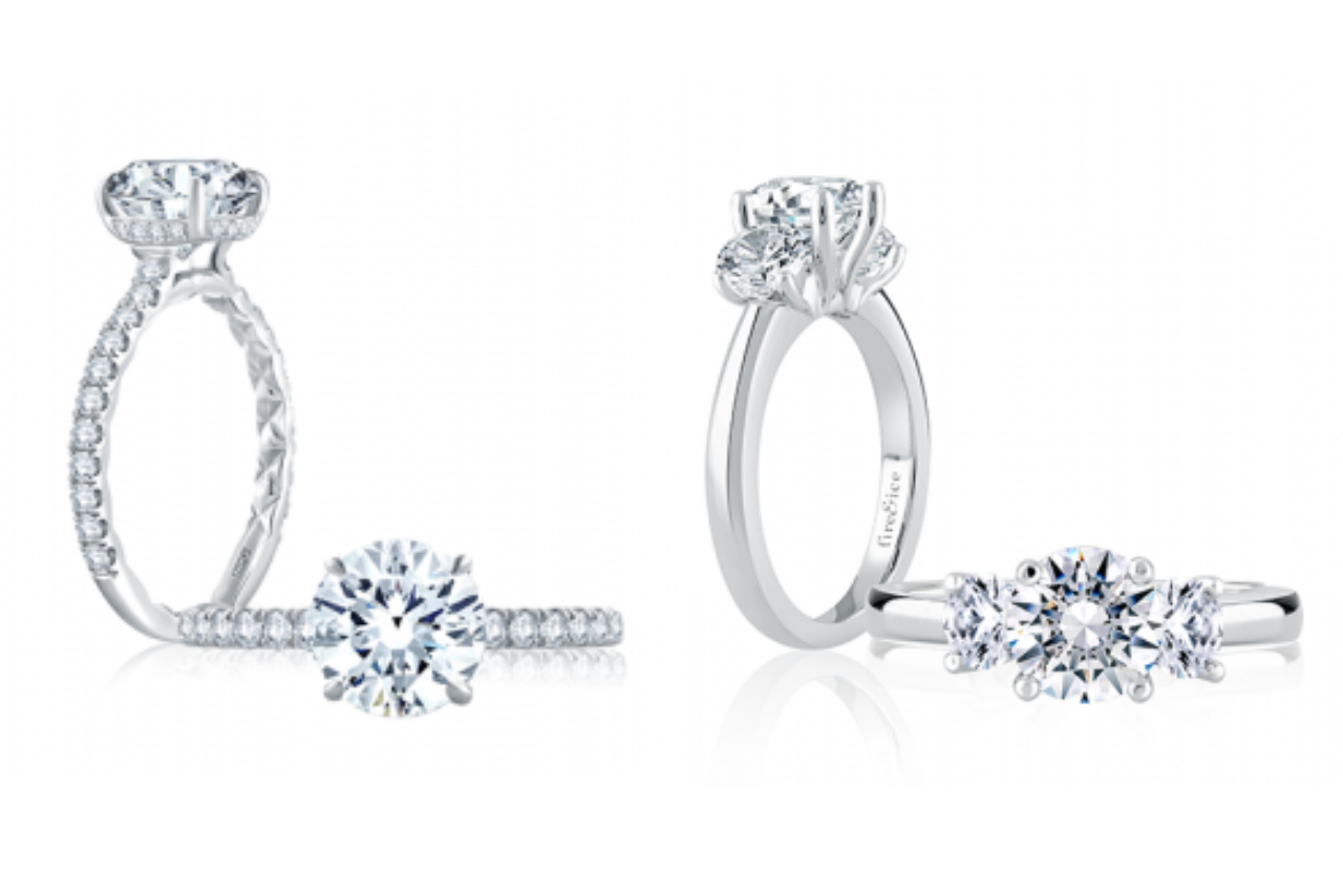 Two sets of white gold rings, one is Art Deco with diamond accented bands and the second one is three stone.