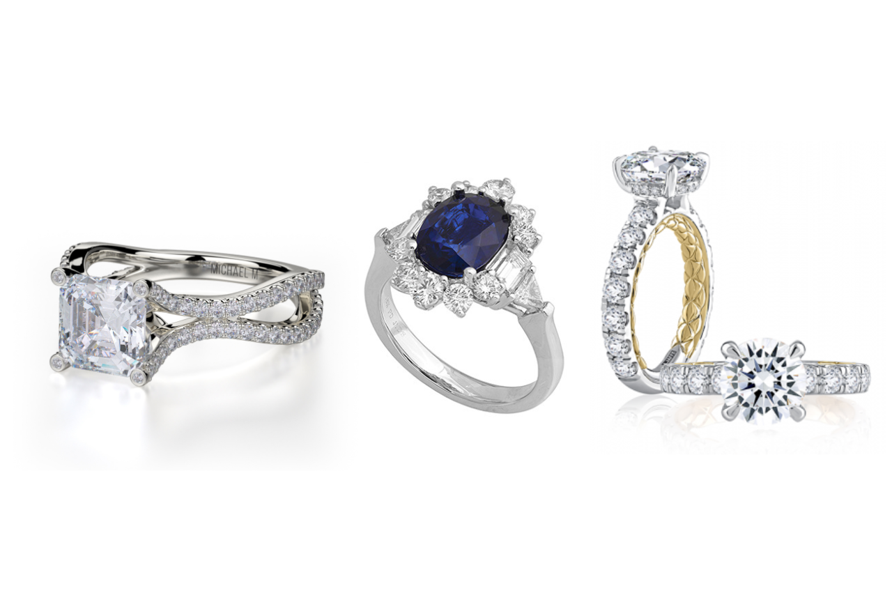 Three engagement rings: one with split shank bank, second with oval sapphire and last one with mixed metal details.