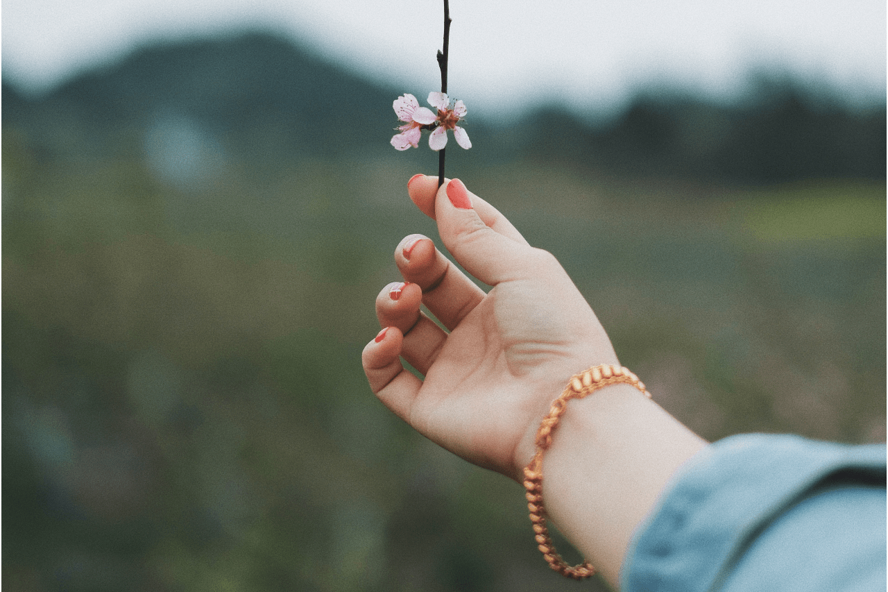 A woman wearing a rose gold bracelet with manicured peach nails touches a blossom on a tree during springtime