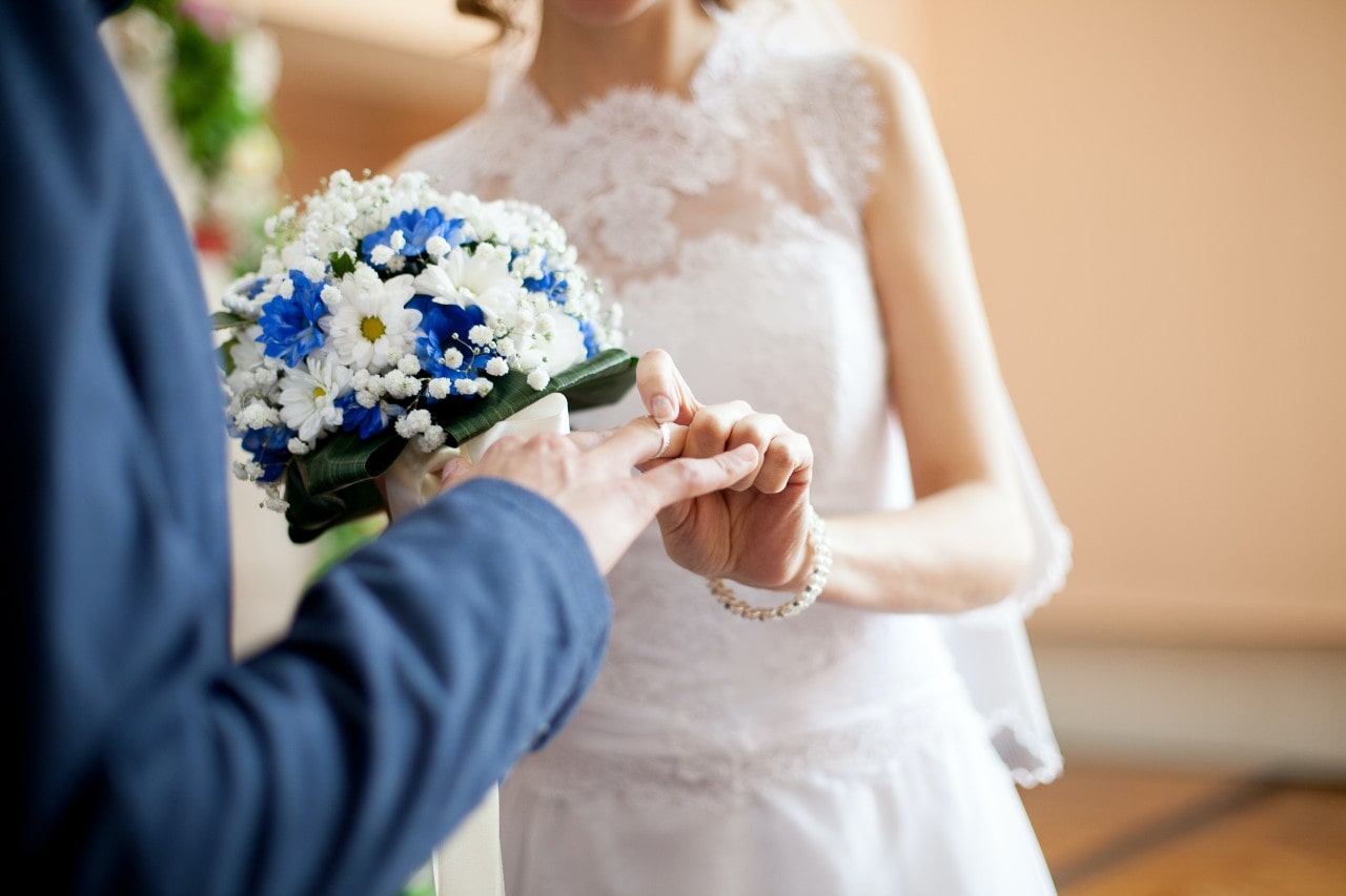 Bride and groom exchange wedding rings.