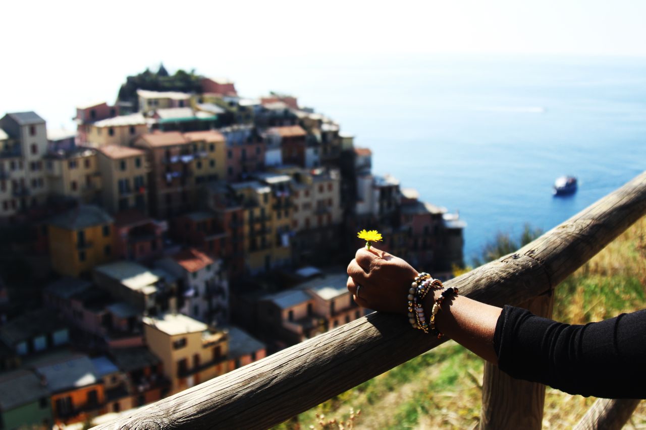 a person’s arm leaning against a rail on an overlook, holding a dandelion and wearing bead bracelets