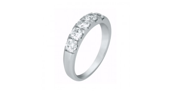 white gold wedding band featuring five round cut diamonds