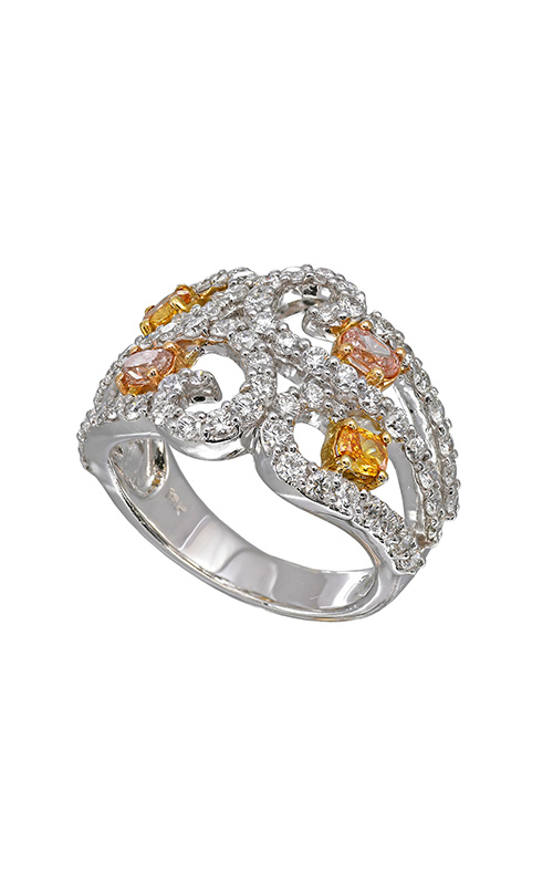 A white gold engagement ring with interwoven lines and dome-like structure, encrusted with white and yellow diamonds.