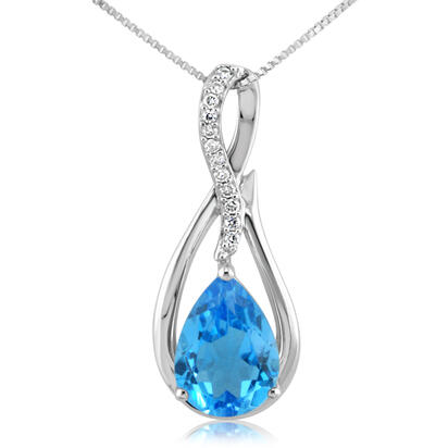 A white gold drop swirl drop pendant with diamond and blue topaz