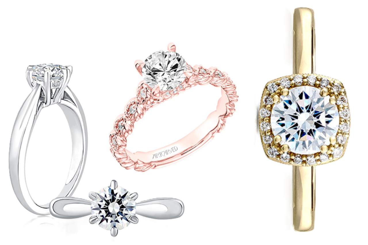A selection of engagement rings featuring round cut diamonds, all available at Rogers Jewelry Co.