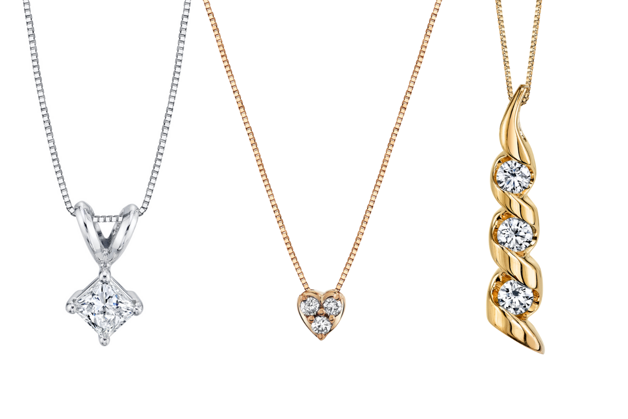 A collage of a silver necklace with a diamond, a heart-shaped rose gold necklace with three diamonds, and a golden spiral necklace with three diamonds throughout the spiral.