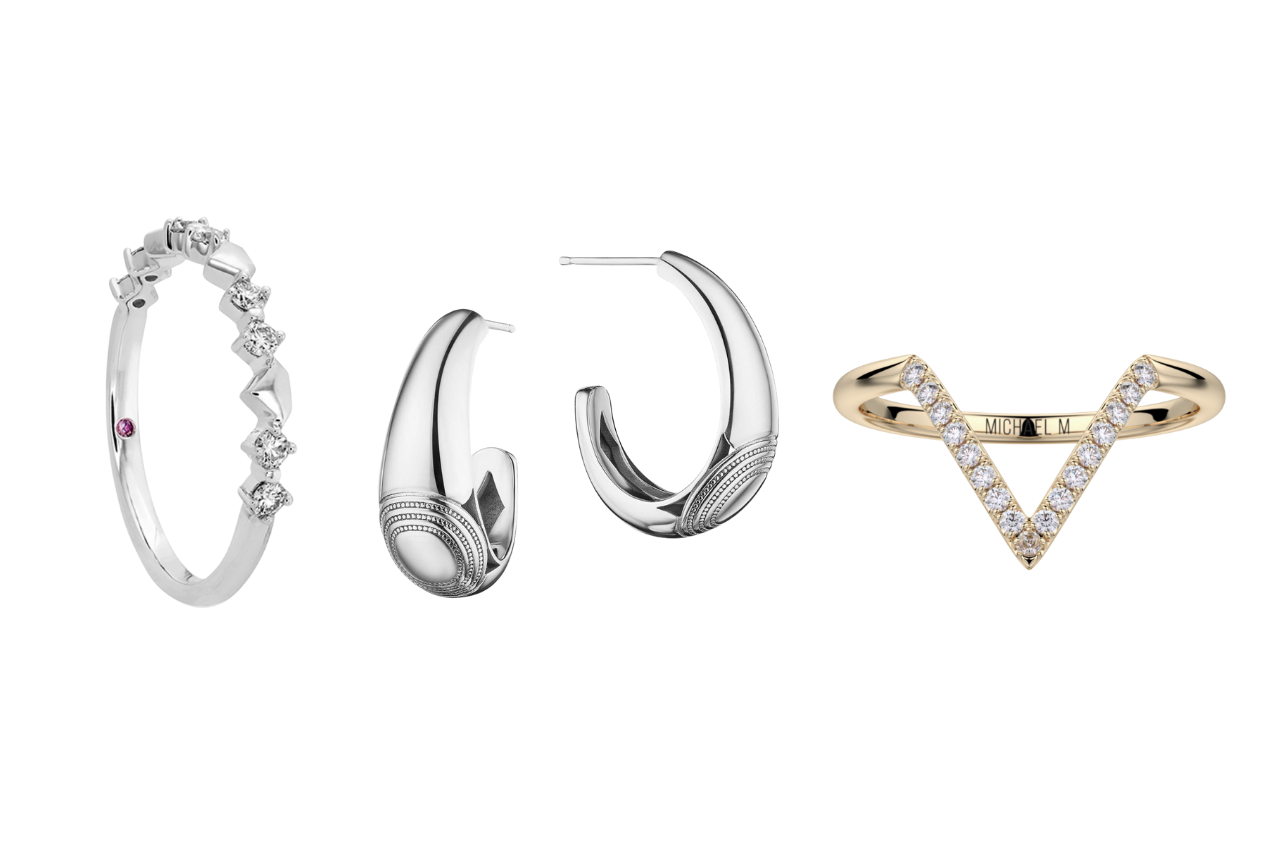 A collage of a silver ring from Hearts On Fire, silver drop earrings from TACORI, and a golden ring from Michael M with a white background.