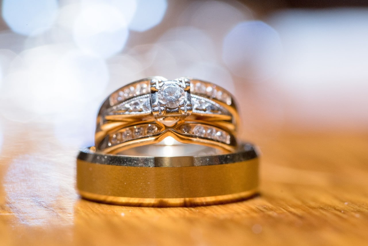 Two radiant wedding bands paired with an engagement ring Two radiant wedding bands paired with an engagement ring