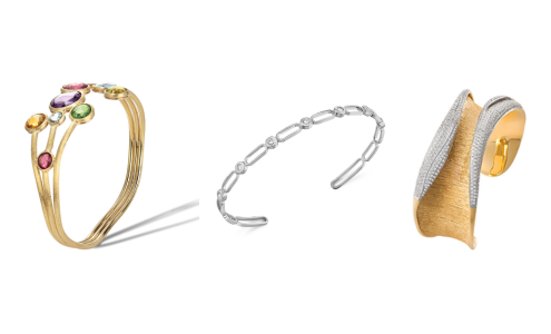 A diverse selection of bangle bracelets, each available at Rogers Jewelry Co.